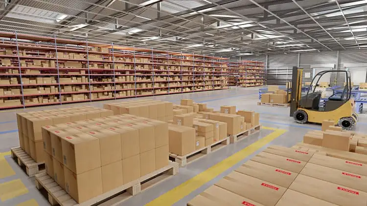 Warehouse distribution center with stacked pallets and a forklift